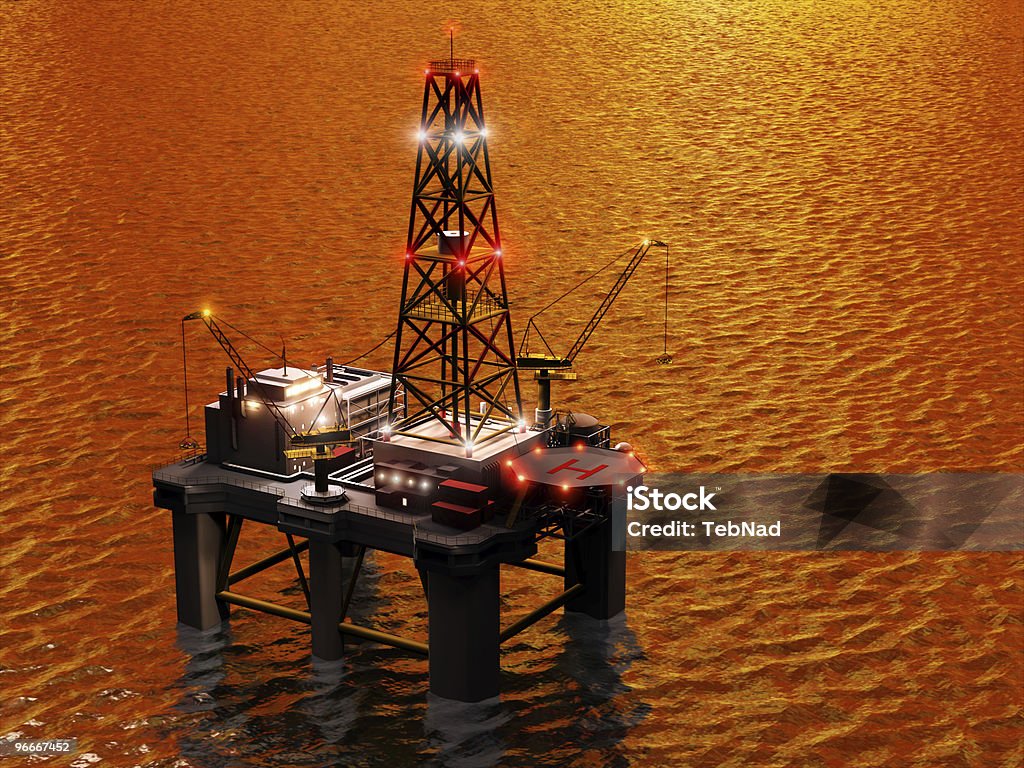 Oil rig on the sea. Detailed oil rig platform. Atlantic Ocean Stock Photo