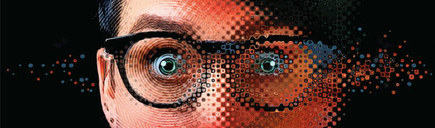Close up of women's eyes with shocked expression and glitch technique Close up of women's eyes with shocked expression shocked computer stock illustrations