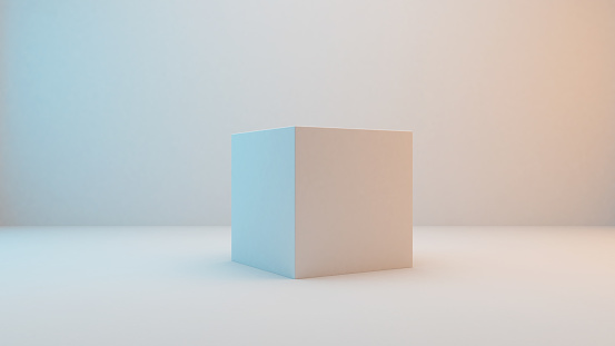 Milky white cube isolated on white background with slightly blue and orange lighting . 3D Rendering