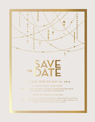 Vector illustration of Golden Glitter Save the Date wedding invitation design template. Includes background, sample placement text and string lights.