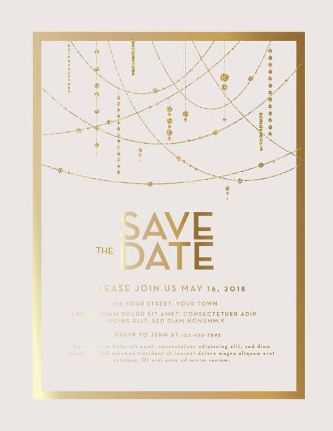 Golden Glitter Save the Date wedding invitation design template Vector illustration of Golden Glitter Save the Date wedding invitation design template. Includes background, sample placement text and string lights. gold metal drawings stock illustrations