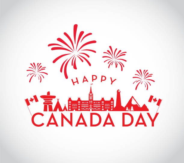 Canada Day celebration emblem design template Vector illustration of a Canada Day celebration design template. Includes Canadian icons, Inuksuk, Parliament building, teepees, lighthouse, Rocky Mountains, maple leafs, Canadian flag and fireworks. Easy to edit. canadian flag maple leaf computer icon canada stock illustrations