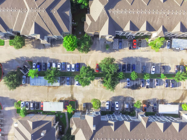 istock Bird eye view apartment complex building outdoor parking 966694790