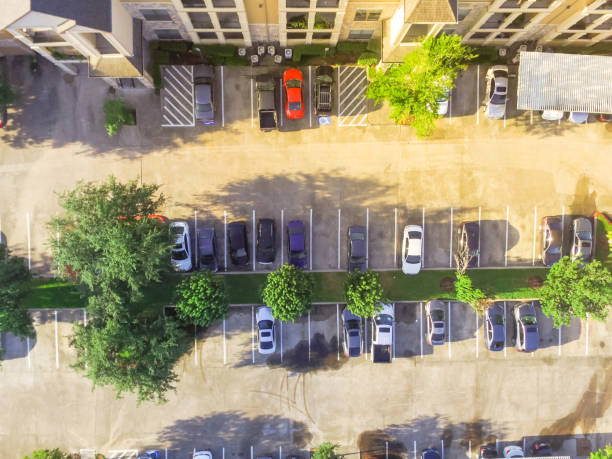 istock Bird eye view apartment complex building outdoor parking 966696972