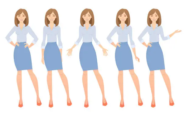 Vector illustration of Business woman set. Set of female gestures and postures vector illustration.