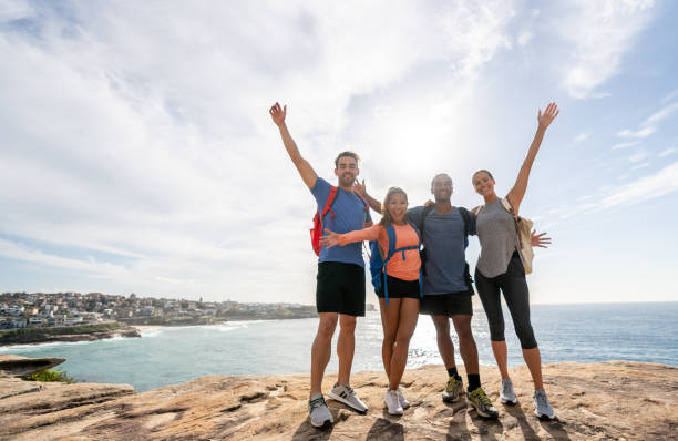 Excited group of people hiking