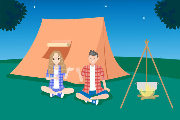 paar auf camping bei nacht - wandern grafiken stock-grafiken, -clipart, -cartoons und -symbole