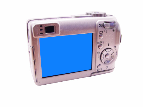 Retro photo camera isolated on a white background, side view, retro things concept