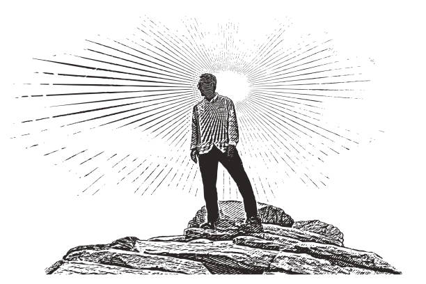Engraving illustration of a 65 year old man hiking Zion National Park. Angels Landing Trail summit.