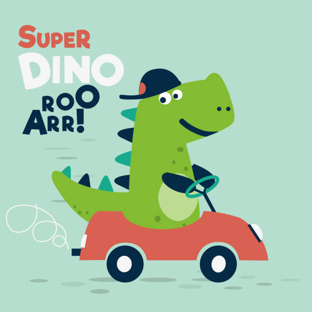 ilustrações, clipart, desenhos animados e ícones de engraçado, bonito dinossauro com carro - animal em via de extinção