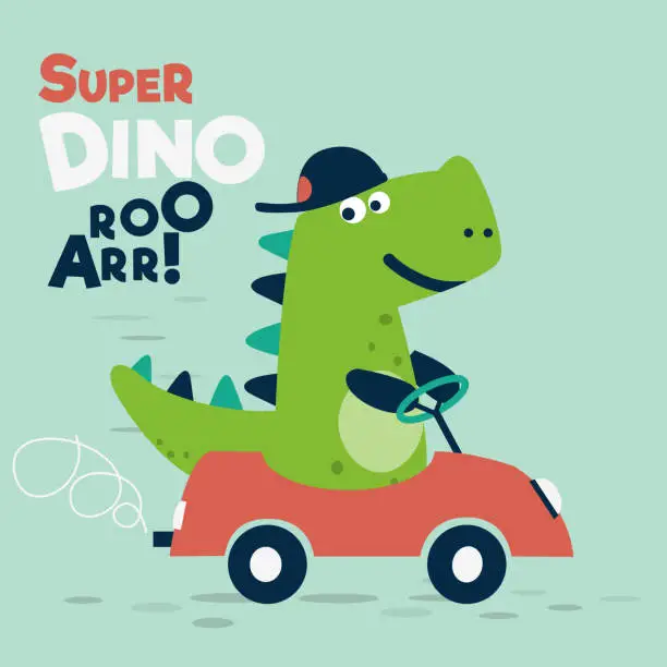 Vector illustration of Funny, cute dinosaur with car