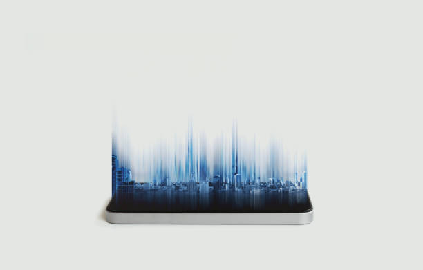 istock Mobile smart phone and buildings hologram technology, on white background. Mobile phone and communication technology 966750042