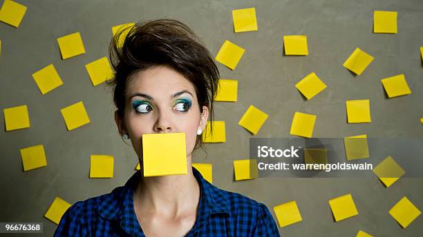 Pretty Woman With Bright Yellow Post It Notes Stock Photo - Download Image Now - Adhesive Note, Adult, Adults Only