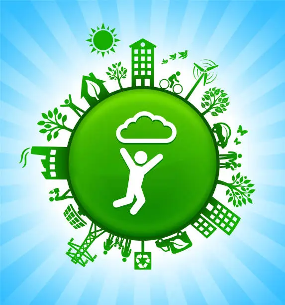 Vector illustration of Cloud Stick Figure Environment Green Button Background on Blue Sky