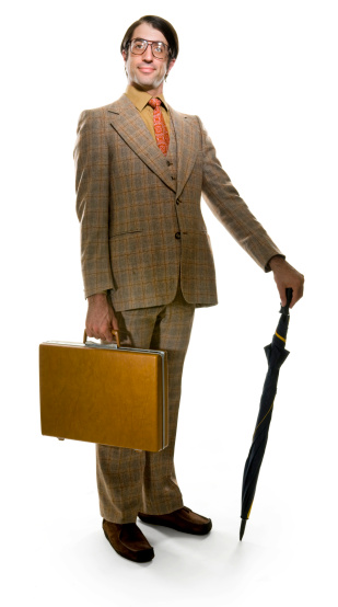 Parody of retro businessman with briefcase and umbrella.