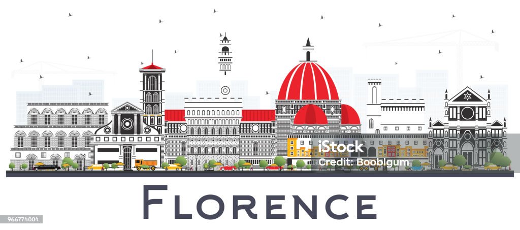 Florence Italy City Skyline with Color Buildings Isolated on White. Florence Italy City Skyline with Color Buildings Isolated on White. Vector Illustration. Business Travel and Tourism Concept with Modern Architecture. Florence Cityscape with Landmarks. Florence - Italy stock vector