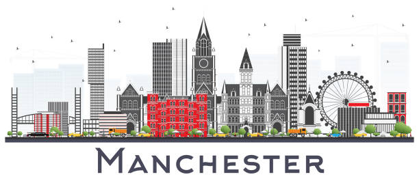 gri beyaz izole binalar ile manchester manzarası. - manchester stock illustrations