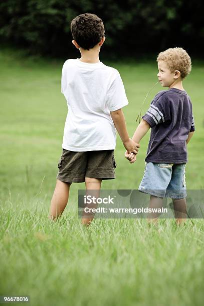 Photo libre de droit de Frères Tenir Les Mains Dans Le Champ banque d'images et plus d'images libres de droit de Derrière - Derrière, Deux personnes, Enfant