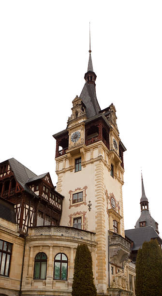 Town building tower and roofs of old buildings at historic part of city with mountains in snow at background