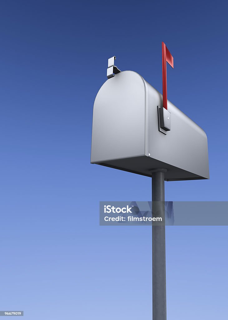 Closed Mailbox 3D Rendering of a closed mailbox in front of blue sky. Blue Stock Photo