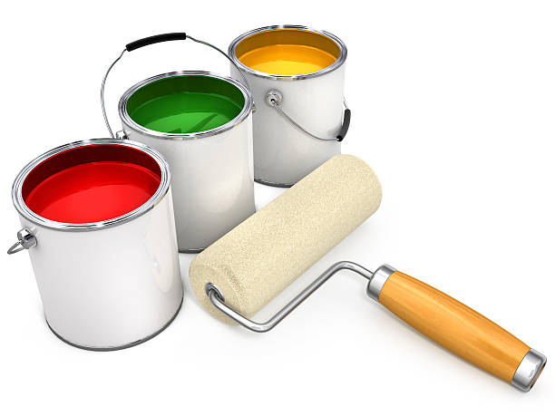 istock buckets with paint and new roller for painting isolated 96679243