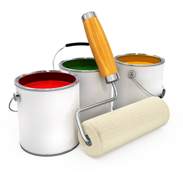 istock buckets with paint and new roller for painting isolated 96679246