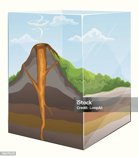 Горы И Вулкан Вулкана Раздел В Стеклянной Коробке — стоковая векторная графика и другие изображения на тему Вулкан - Вулкан, Поперечный разрез, Часть