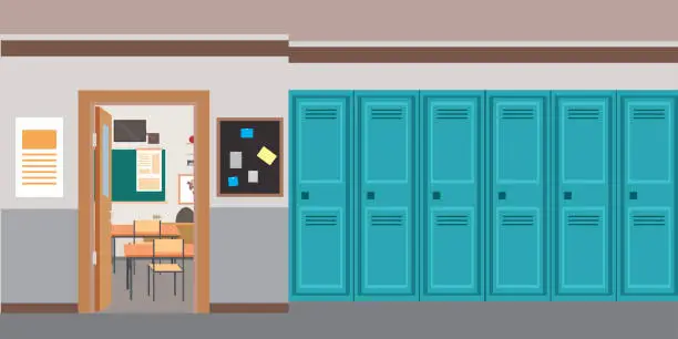 Vector illustration of Cartoon empty School interior and open door in classroom.