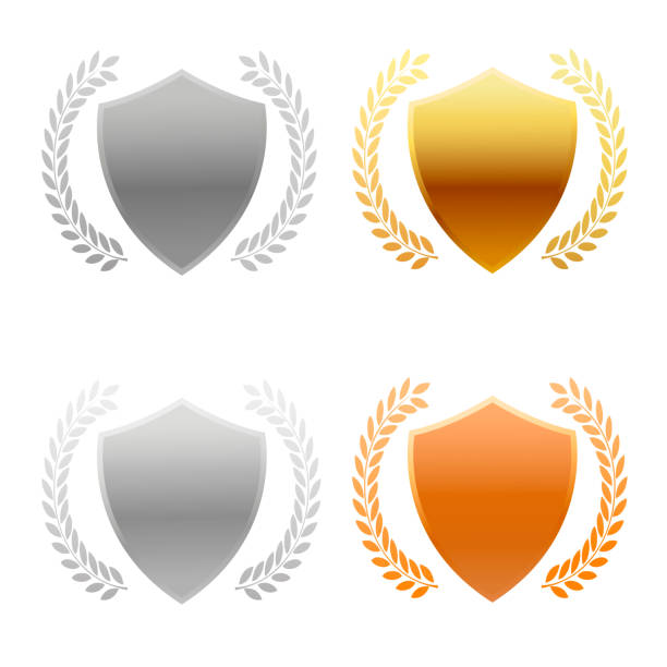 ilustrações de stock, clip art, desenhos animados e ícones de the shield is gold , silver, gold, silver and platinum with a wreath. - medal platinum gold silver