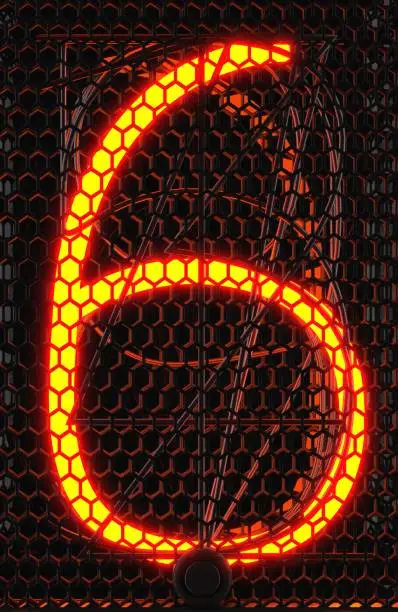 Photo of Nixie tube indicator, lamp gas-discharge indicator close-up. Number six of retro. 3d rendering