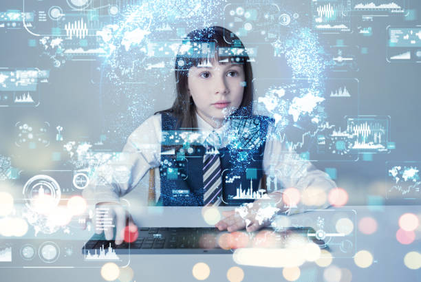 istock Little girl and Futuristic GUI. 966826830
