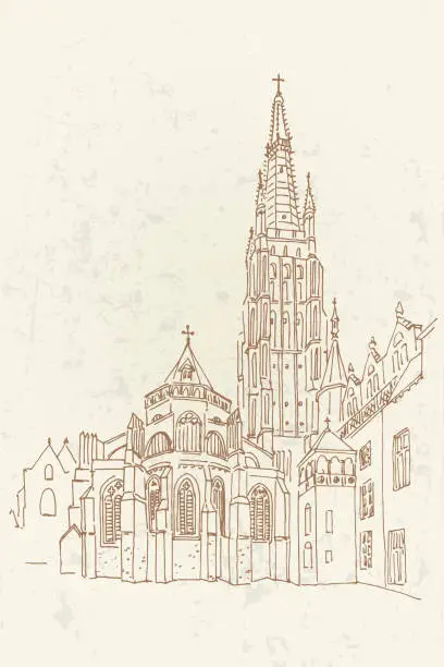 Vector illustration of Vector sketch of Church of Our Lady, Onze Lieve Vrouw Brugge, Belgium.