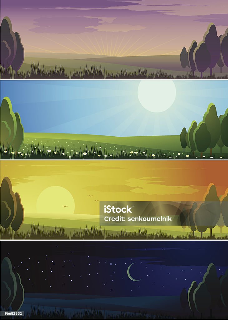 Carteles mostrando día de la secuencia de la mañana, mediodía, tarde y noche - arte vectorial de Noche libre de derechos