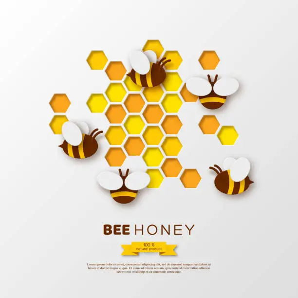 Vector illustration of Paper cut style bee with honeycombs. Template design for beekiping and honey product. White background, vector illustration.