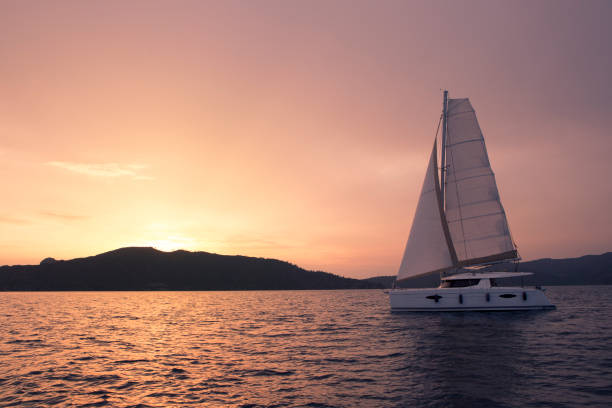 istock Yacht - Catamaran in the ocean. Sailing at sunset 966836442