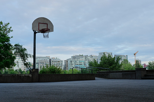 Basketball court in urban area. Vancouver BC. Shield and ring