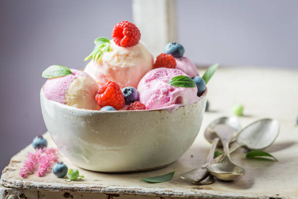 Closeup of sweet ice cream made of fruits and milk Closeup of sweet ice cream made of fruits and milk homemade icecream stock pictures, royalty-free photos & images