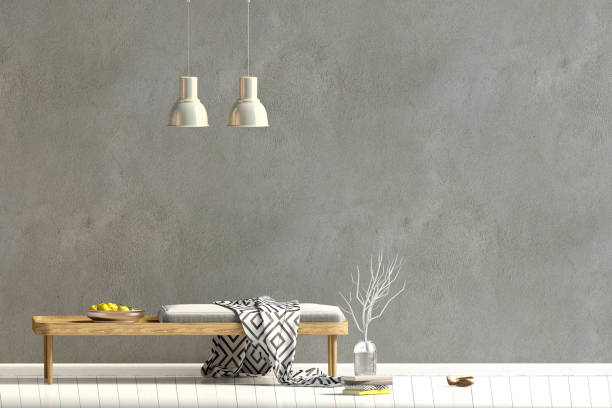 istock Modern interior design in Scandinavian style with bench. Mock up wall. 3D illustration. 966841302