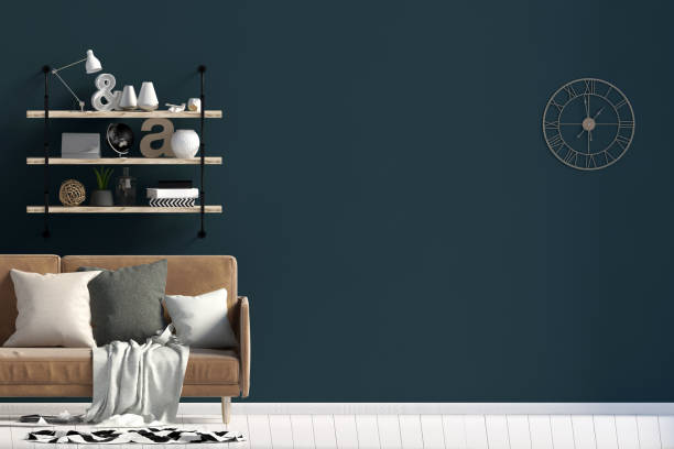 istock Modern interior design in Scandinavian style with sofa and shelf. Mock up wall. 3D illustration. 966841400