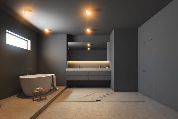 istock Dark gray bathroom interior, white tub, wood 966841578