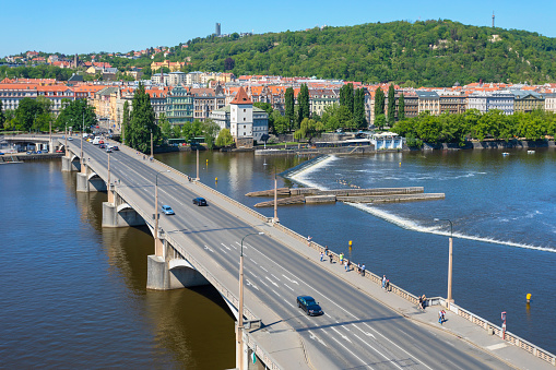 View over Jirásek Bridge and Vltava river in Prague.