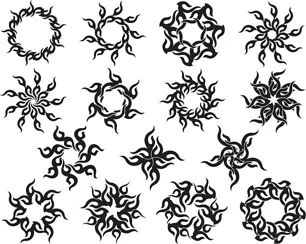 Vector illustration of tattoo set Sun, Flame Designs