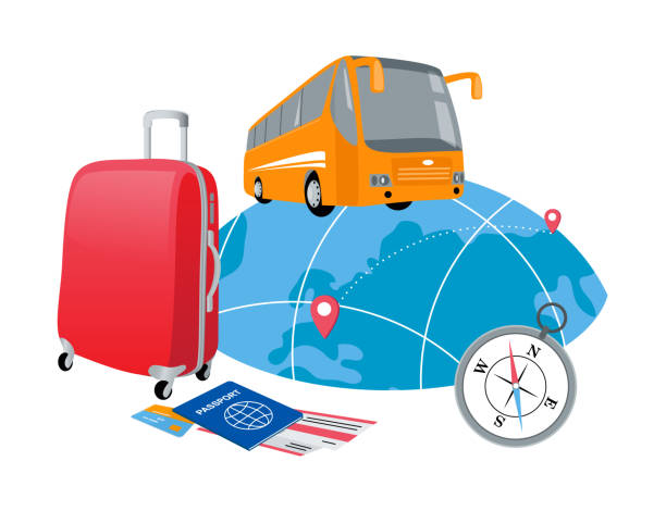 ilustrações de stock, clip art, desenhos animados e ícones de concept of travelling around the world on a bus - vector isometric airplane bus