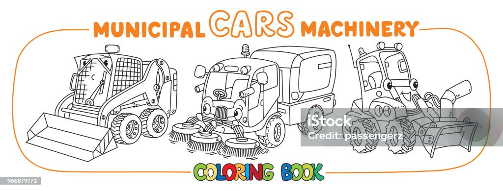 Funny small municipal cars with eyes Funny loader, sweeper car, snowthrower or snow blower. Small funny vector cute vehicles with eyes and mouth. Children vector illustration. Municipal cars machinery for kids Baby - Human Age stock vector