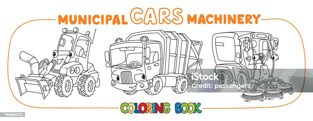 Funny small municipal cars with eyes Funny garbage truck,, sweeper car, snowthrower or snow blower. Small funny vector cute vehicles with eyes and mouth. Children vector illustration. Municipal cars machinery for kids Snowplow stock vector