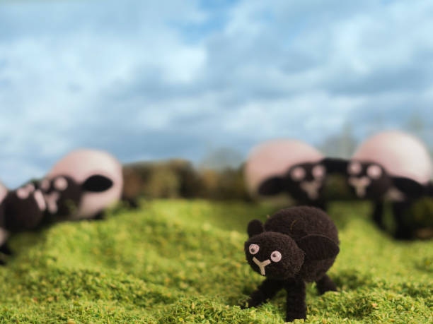 A literal interpretation of the idiom 'Black Sheep in the Family' using Easter pom-pom sheep in a min diorama field. As exhibited at Animal Studios and my end of year HND show.