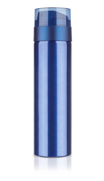istock blue metallic cosmetic bottle, deodorant bottle, shaving foam isolated on white with reflection 966882992