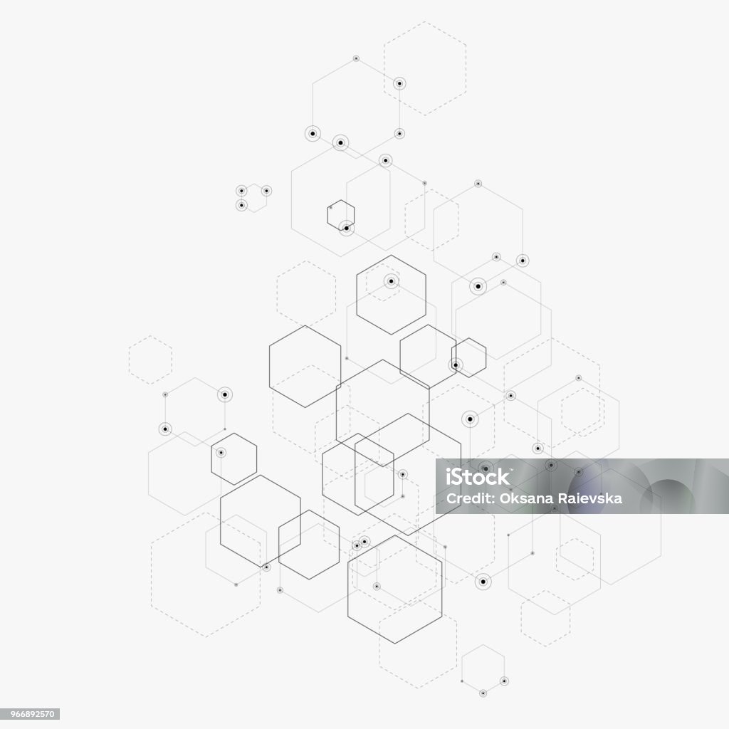 Abstract vector illustration with hexagons, lines and dots on white background. Hexagon infographic. Digital technology, science or medical concept. Hexagonal geometric vector background. Abstract vector illustration with hexagons, lines and dots on white background. Hexagon infographic. Digital technology, science or medical concept. Hexagonal geometric vector background Hexagon stock vector