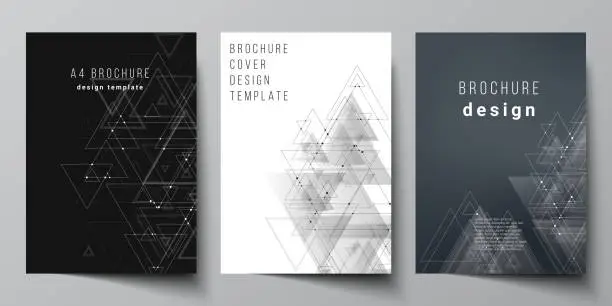 Vector illustration of The vector editable layout of A4 format cover mockups design templates for brochure, magazine, flyer, booklet. Polygonal background with triangles, connecting dots and lines. Connection structure