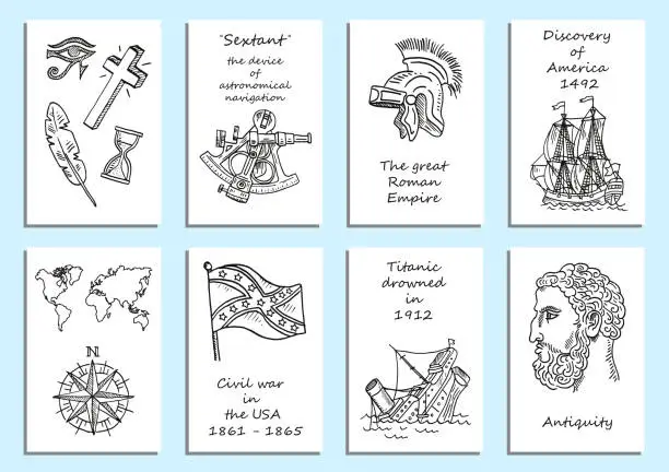 Vector illustration of Set of eight creative cards. History themes in sketch style. Note book page paper. Vector illustration in doodle style.